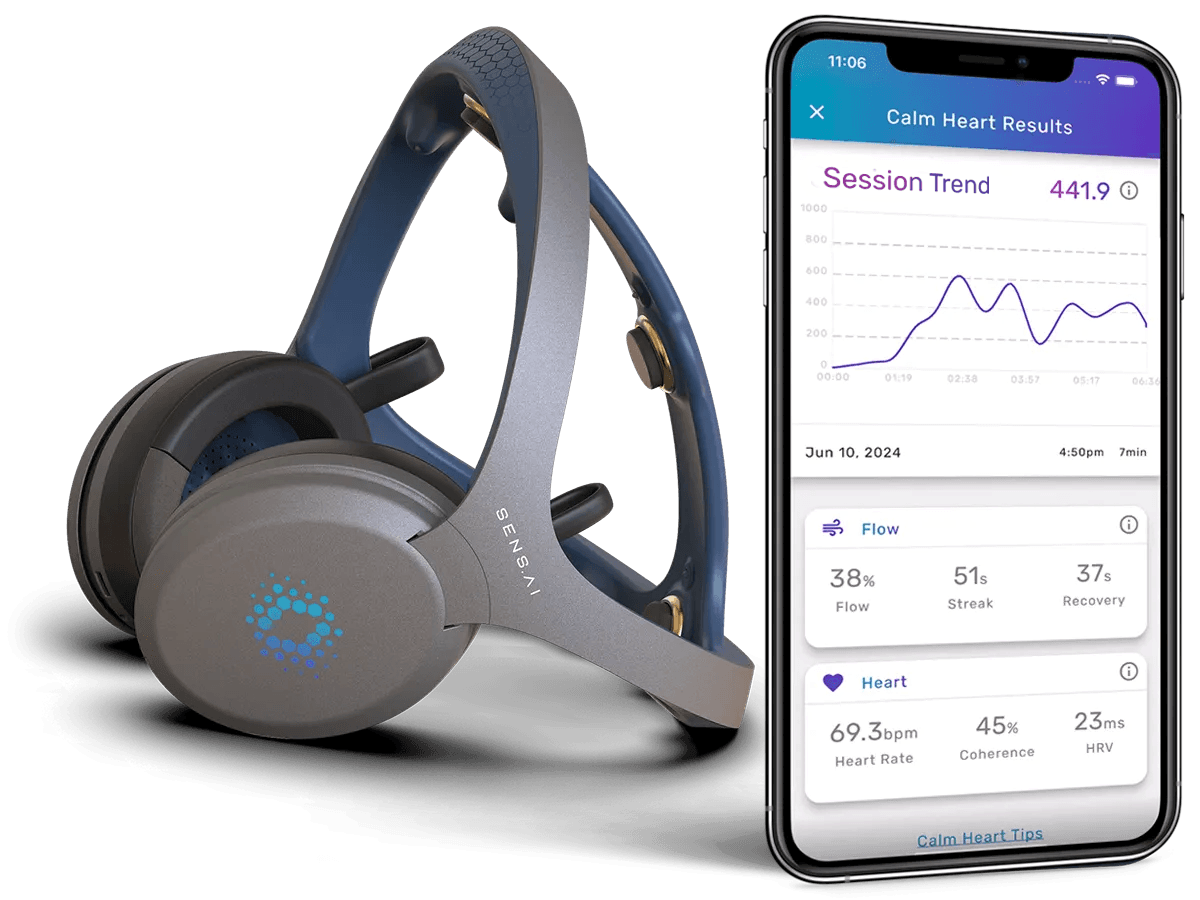Sens.ai headset and mobile app showing Calm session results including overall score, heart rate, and HRV