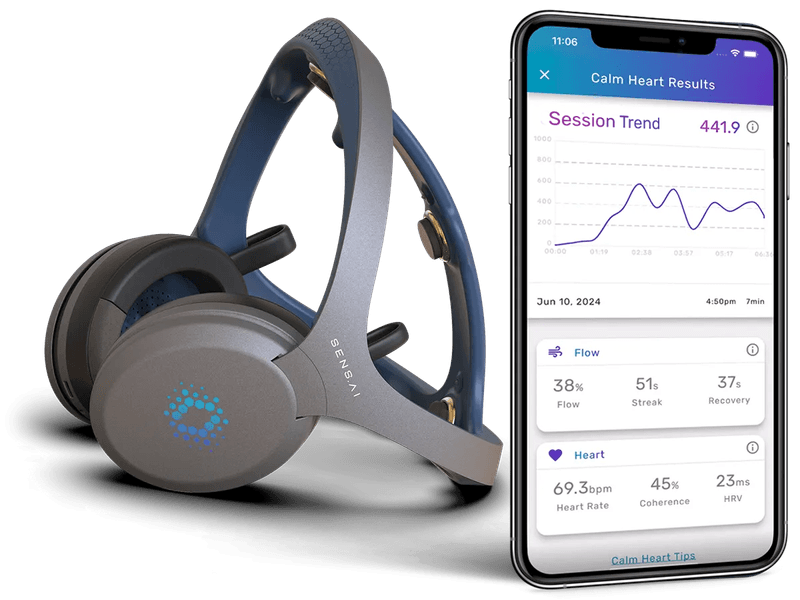 Sens.ai headset and mobile app showing Calm session results including overall score, heart rate, and HRV